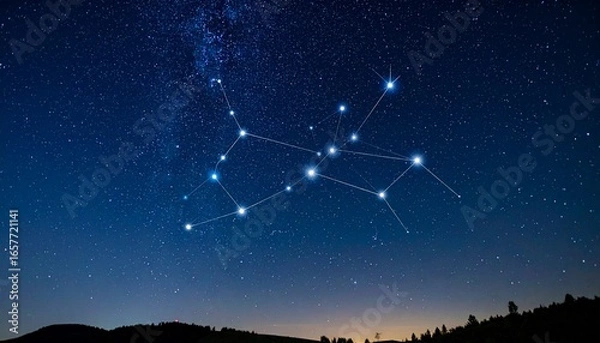 Fototapeta Gemini constellation shining brightly against a dark night sky, silhouetted by a distant horizon.