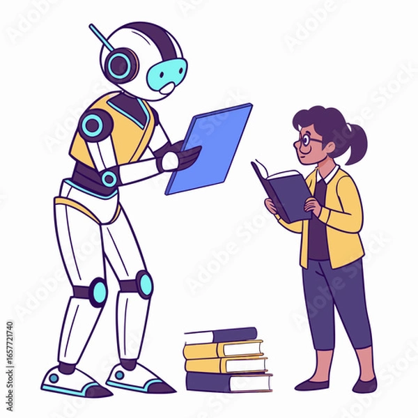 Fototapeta Robot teaching student with books learning