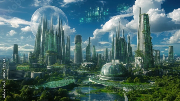 Fototapeta A futuristic city with tall buildings, green spaces, and a large dome in the background under a cloudy sky