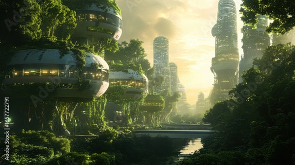 Fototapeta Futuristic cityscape with pod houses and skyscrapers surrounded by lush greenery and a waterway