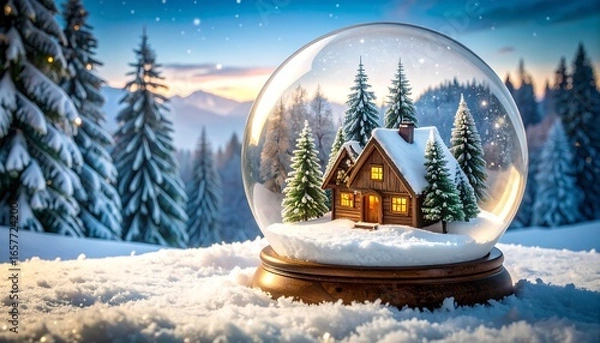 Obraz Snow globe depicts a cozy winter scene.