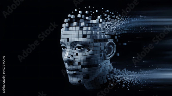 Obraz Futuristic digital world map with abstract human head and technology elements