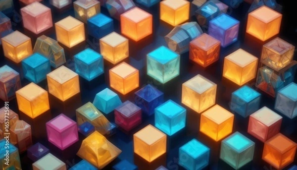 Fototapeta Glowing Isometric Cubes on Dark Background
