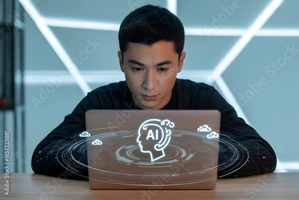 Obraz Modern workspace with laptop and glowing holographic AI icons, symbolizing innovation, business technology, and advanced machine learning systems.