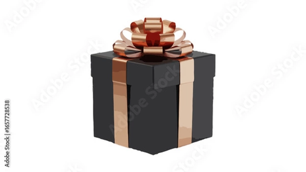 Fototapeta black gift box with copper shiny ribbon bow isolated on transparent background 