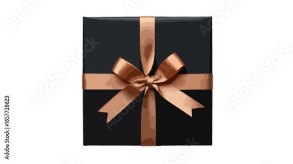 Fototapeta black gift box with copper shiny ribbon bow isolated on transparent background 