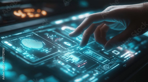 Fototapeta Hand interacting with a futuristic glowing interface with fingerprint and data displays on a dark surface