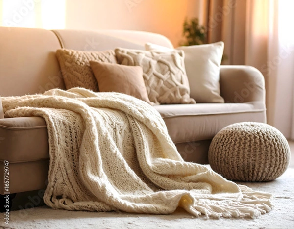 Fototapeta  Warm and inviting living room interior with a comfortable sofa and soft knitted throw blanket