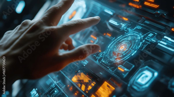Fototapeta A hand interacting with a futuristic holographic interface with glowing blue and orange elements visible