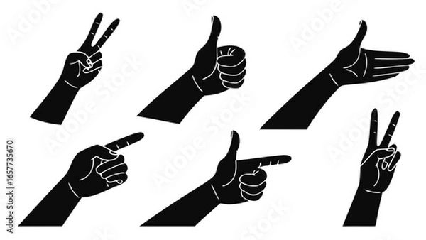 Fototapeta A versatile set of six essential human hand gesture silhouettes, featuring common non-verbal communication signs like peace, thumbs up, and pointing, isolated on a clean white background.