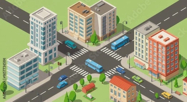 Fototapeta Isometric illustration of a city intersection with buildings, vehicles, crosswalks, and traffic lights