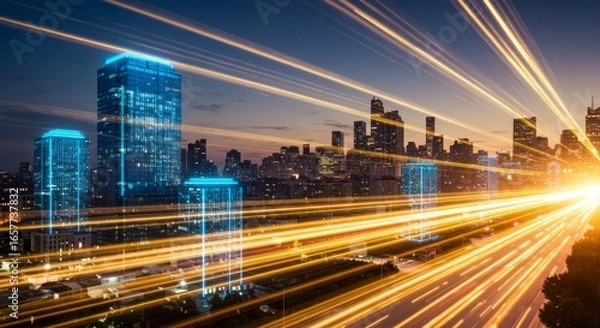 Obraz Modern cityscape at twilight, skyscrapers bathed in neon blue light, trails of light streak across frame, suggesting speed and connectivity