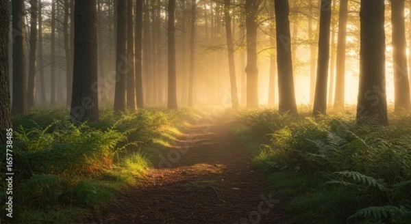 Obraz Path through a misty forest, sunlight streaming through the trees, illuminating the ferns below