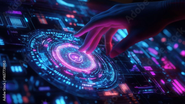 Fototapeta A hand interacting with a neon illuminated interface with digital elements and futuristic design