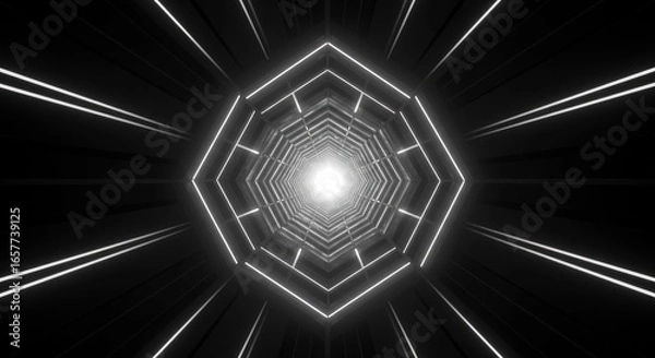 Obraz Perspective view of a black, octagonal tunnel lit by a bright white light at the end. Geometric design emphasizes depth