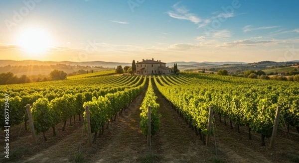Obraz Rolling vineyard with rows of grape vines leading to a villa at sunset. Golden hour light bathes the landscape