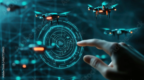 Fototapeta A hand interacts with a digital interface controlling flying drones in a futuristic environment scene