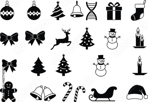 Fototapeta Collection of Christmas holiday vector icons, black and white set, festive decorations, seasonal symbols, New Year celebration, winter graphics.