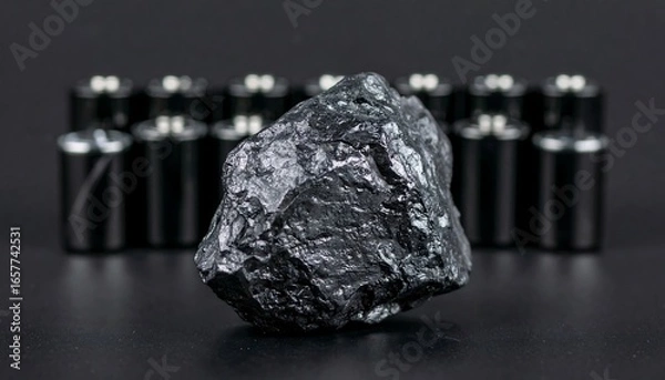 Obraz A dark, substantial piece of coal rests in sharp focus, contrasted against a blurred background of cylindrical black objects.