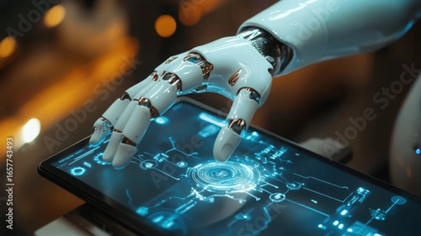 Fototapeta Robot hand interacting with a tablet displaying a glowing circuit board interface design on the screen
