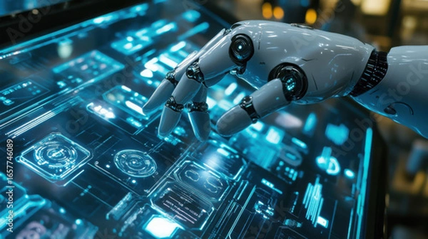 Fototapeta A robot hand interacts with a glowing blue futuristic interface with intricate designs and patterns
