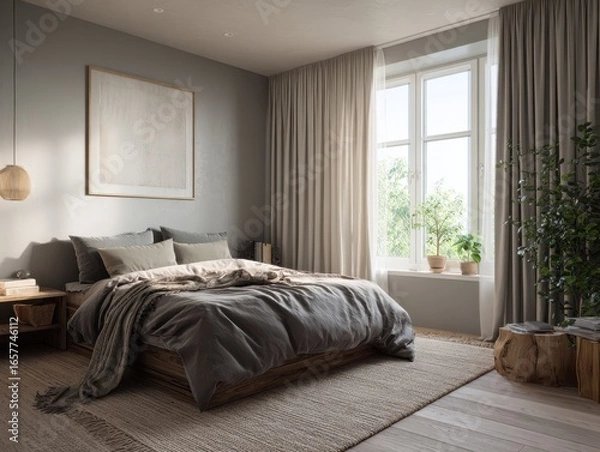 Fototapeta A bedroom with a bed, a window, and a plant. The bed is covered with a blanket and pillows
