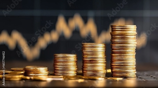Fototapeta Rising gold coins represent financial growth and investment success with stock market chart background