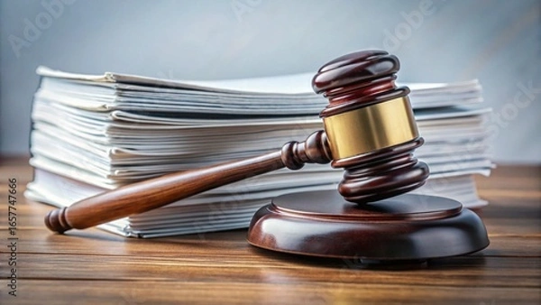 Fototapeta A polished wooden gavel rests atop a stack of legal documents, symbolizing authority in a courtroom setting. Wooden gavel on a wooden background