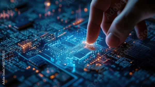 Fototapeta A finger touches a glowing blue circuit board with orange lights on a dark background close up view