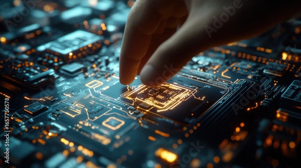 Fototapeta A hand interacting with a glowing microchip on a complex circuit board with intricate details