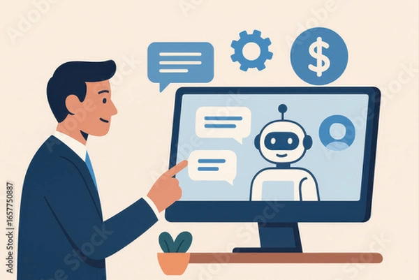 Fototapeta Businessman interacts with chatbot on computer screen, symbolizing AI communication