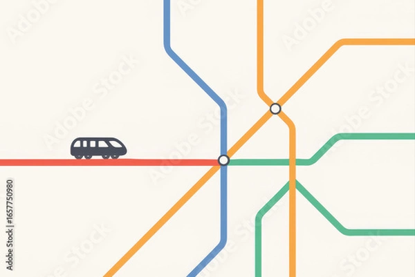 Fototapeta Minimalist subway map design with colorful lines and train icon. Simple and modern illustration