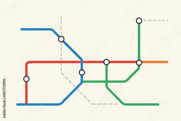 Fototapeta Abstract subway map with colorful lines and circular stations on light background
