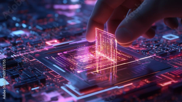 Fototapeta A hand placing a glowing chip onto a futuristic circuit board with neon lights and intricate details