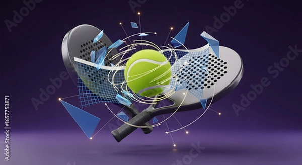 Fototapeta A digitally rendered tennis ball suspended between two padel rackets, with geometric shapes.