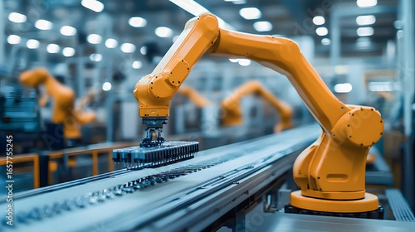 Fototapeta A yellow robotic arm working conveyor belt in a factory setting