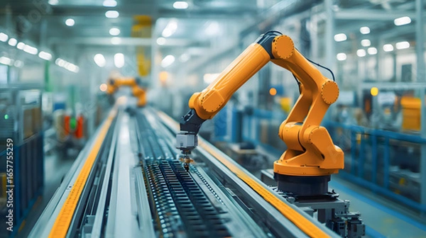 Fototapeta A yellow robotic arm working conveyor belt in a factory setting