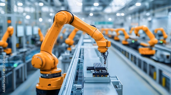 Fototapeta A yellow robotic arm working conveyor belt in a factory setting