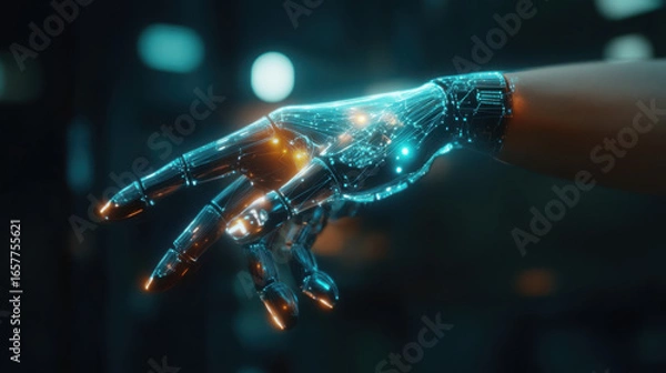 Fototapeta A robotic hand with glowing circuitry reaching out in a dark and futuristic environment setting view