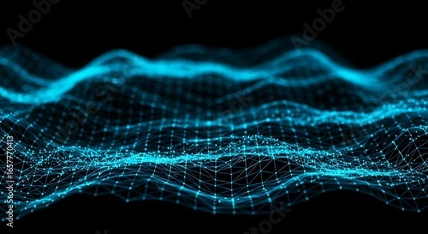Obraz Futuristic abstract background of a blue digital mesh wave, representing technology, big data, and global network connections
