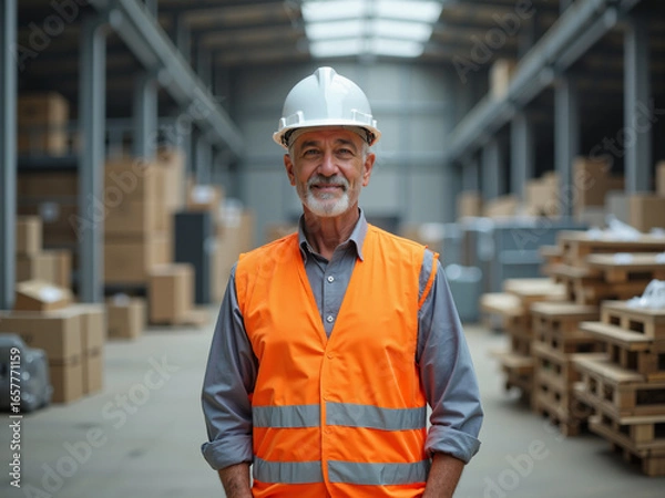 Fototapeta Aging population technology focused on a senior caucasian man in a safety vest and helmet, smiling in a warehouse filled with boxes and wooden pallets, representing workforce and innovation