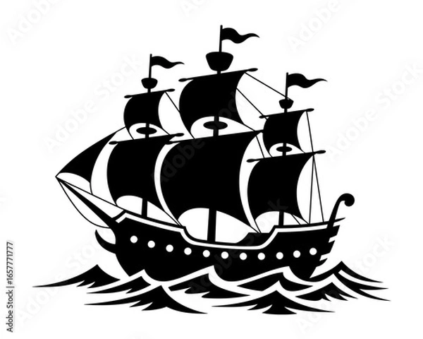 Fototapeta Silhouette of a tall ship sailing through waves