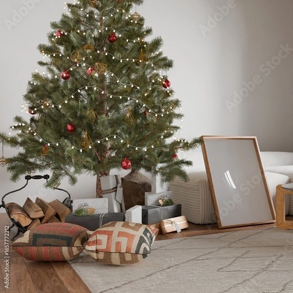 Fototapeta Christmas interior one frame, living room poster empty in home design new year, element mockup annual holidays, 3d render.