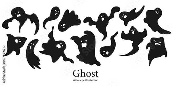Fototapeta オバケのシルエットイラスト素材セット ベクター モノクロ ハロウィン ゴースト 白背景