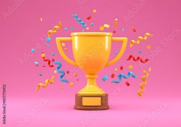 Fototapeta Golden Trophy Illustration with Colorful Confetti and Ribbons Celebrating a Win on Pink Background Presentation Backdrop