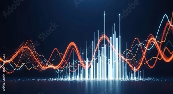Fototapeta Vibrant abstract sound wave and bar graph visualization on dark background