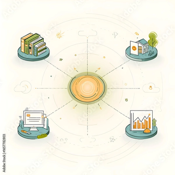 Obraz Integrated Life Ecosystem: A Radiant Hub Linking Work Home Education and Analytics.