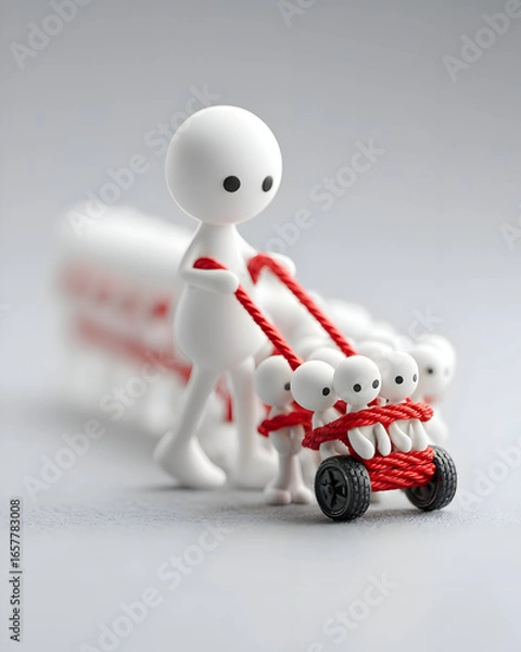 Obraz The Weight of Leadership: A Minimalist Figure Pulls a Cart Bound by Red Rope.