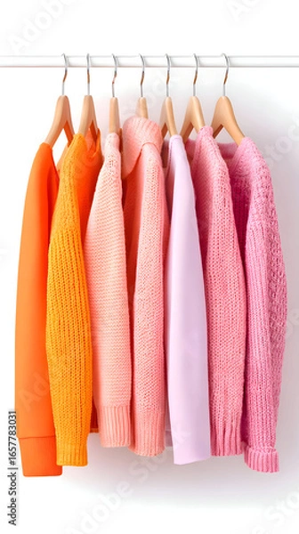 Obraz A Sunset Gradient of Cozy Knit Sweaters on a Minimalist Clothing Rack.
