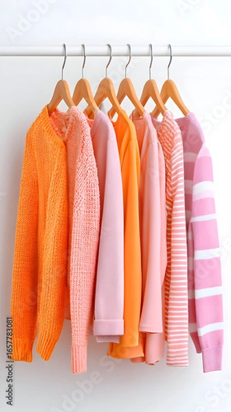 Obraz Sunrise Hues: A Curated Collection of Orange and Pink Sweaters on a Minimalist Rack.